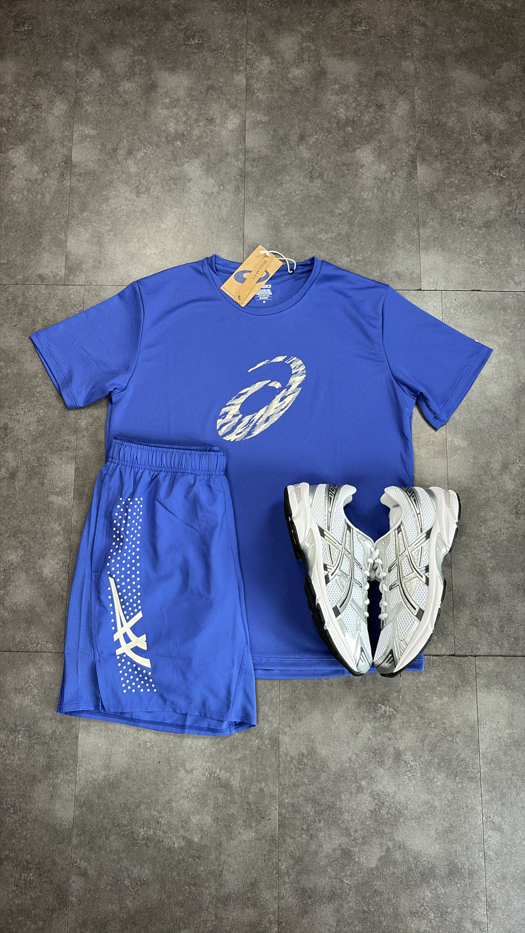 ASICS graphic tee short set "graphite blue"