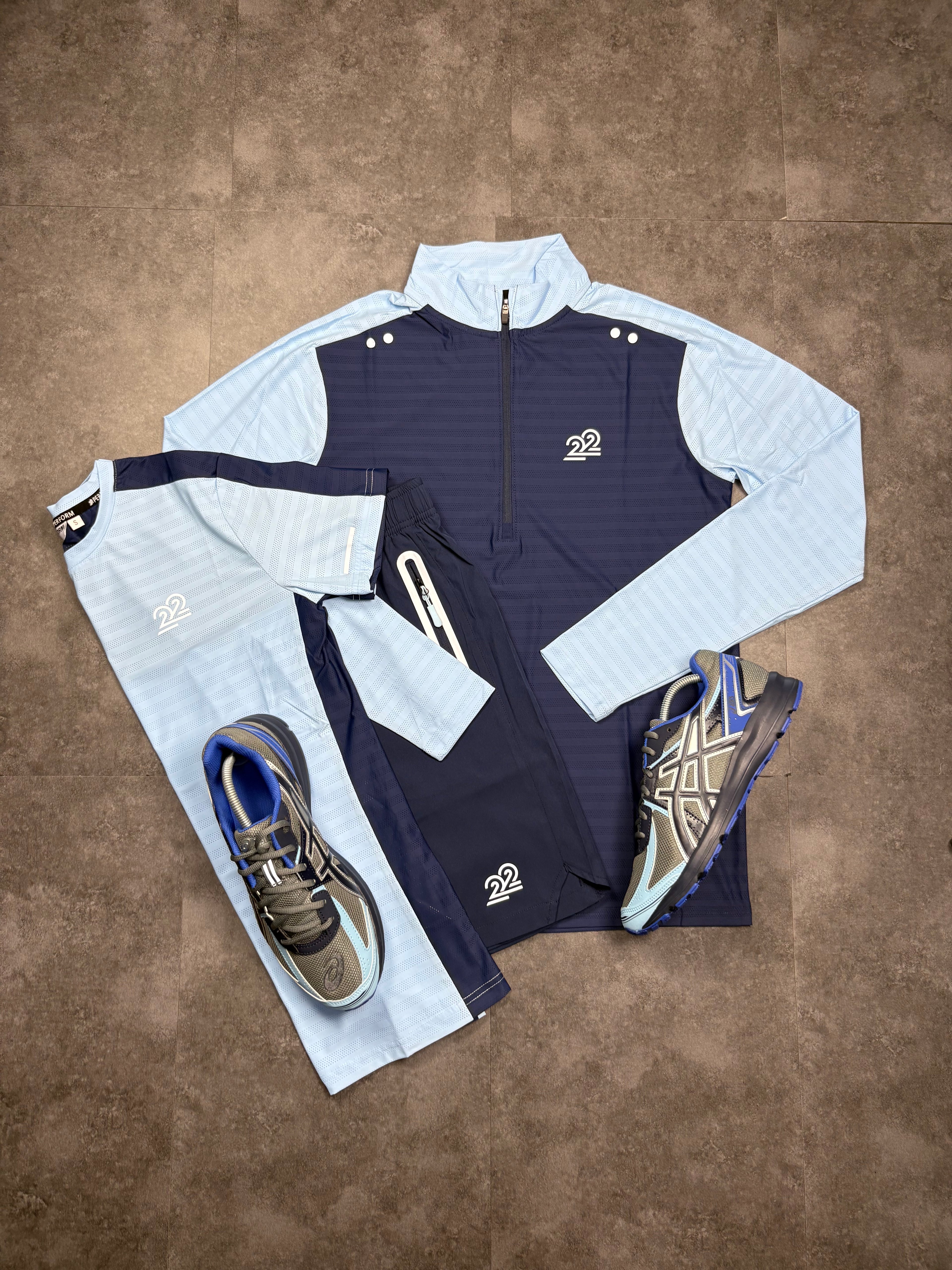 Mens 22 Perform Drive 1/4 zip sky blue set