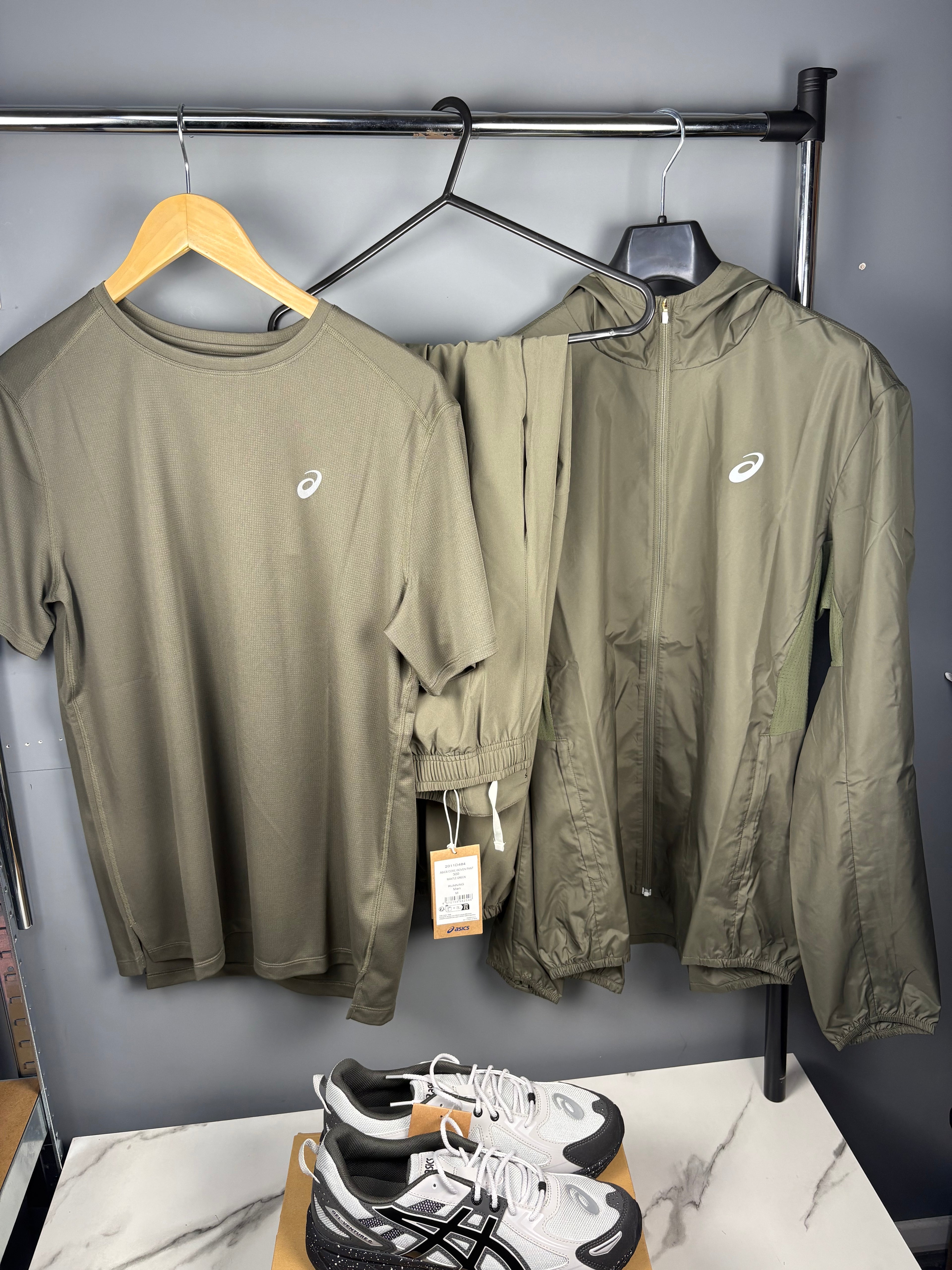 Khaki asics 3 piece tracksuit
