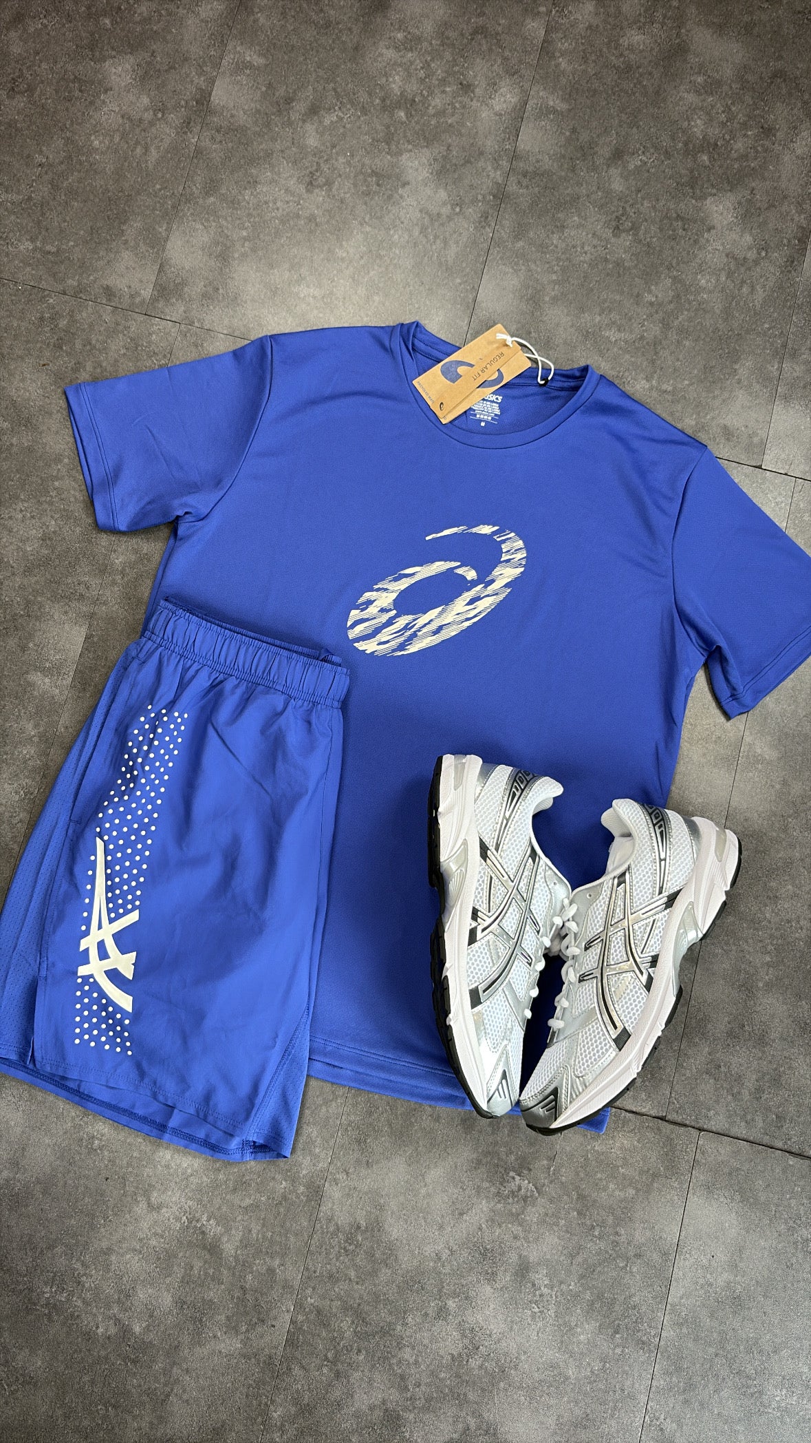 ASICS graphic tee short set "graphite blue"